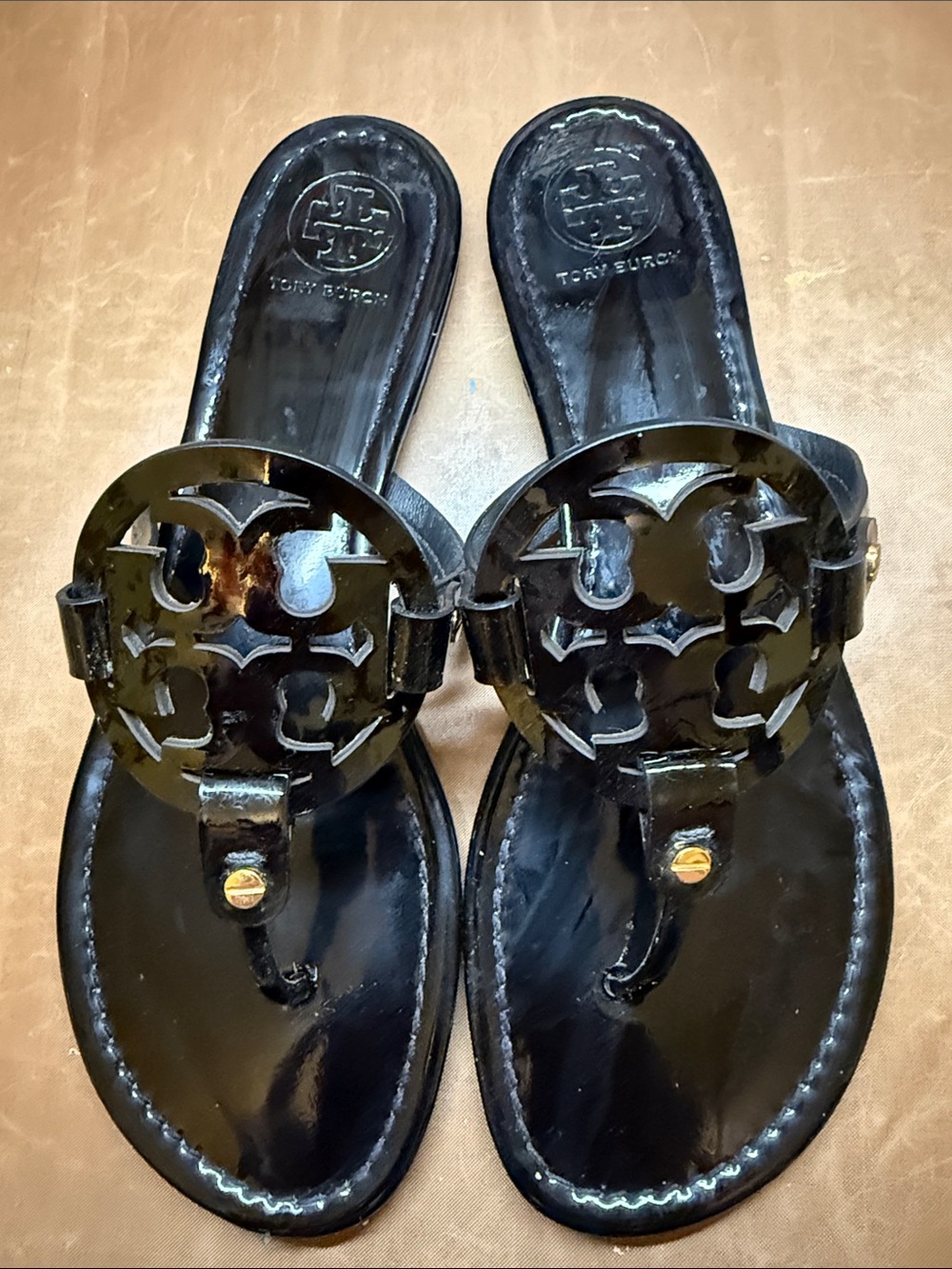 Tory Burch Black Patent Leather Logo Thong Sandals